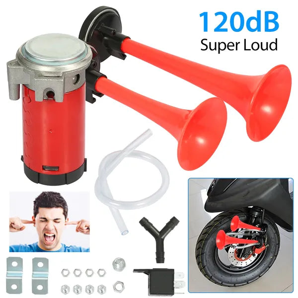 Dual Trumpet Air Horn Kit 12V 115DB – Super Loud Train Horn with Compressor for Semi Trucks, Boats & Motorcycles