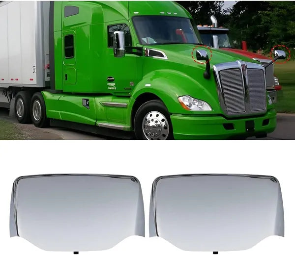 Chrome Hood Mirror Covers for Kenworth T680, Peterbilt 579/587 — Passenger & Driver Side (Pair)