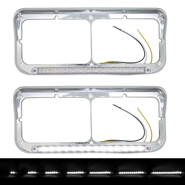 Dual Rectangular 4x6 Headlight Bezel with 12" Amber LED Light Strip — Fits Kenworth T400 T600 T800 W900, Peterbilt 378 379, Western Star 4900 (Pair, Clear Lens)