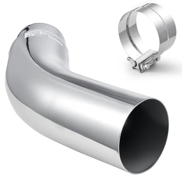Elbow Exhaust Tip, 5" Inlet, 6" Outlet, 23" Overall Length, Chrome Turn Down Exhaust Tip with Clamp