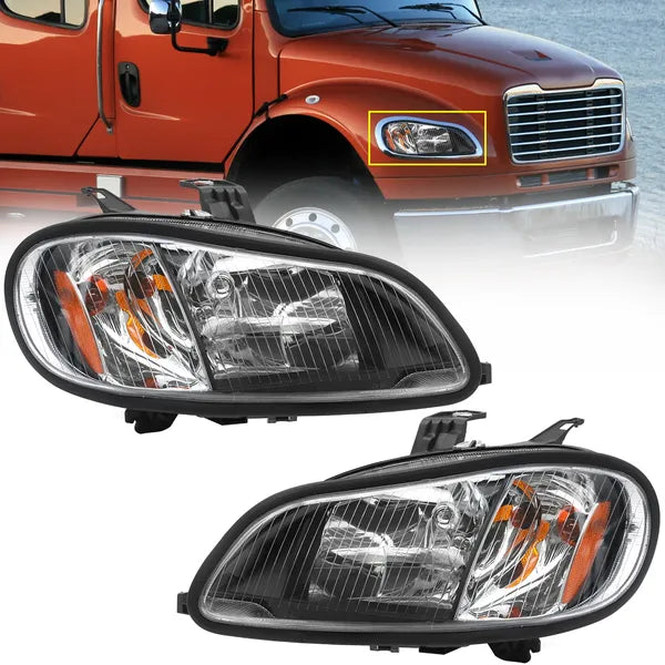 Headlight Assembly Compatible with 2004-2013 Freightliner M2, Pair (Left & Right), Black