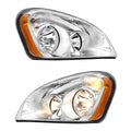 Headlights Assembly Fit For 2008-2016 Freightliner Cascadia, Chrome Housing And Amber Reflector Headlamps, Left And Right Pair Set, Including Halogen Bulbs