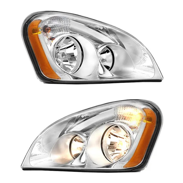 Headlights Assembly Fit For 2008-2016 Freightliner Cascadia, Chrome Housing And Amber Reflector Headlamps, Left And Right Pair Set, Including Halogen Bulbs