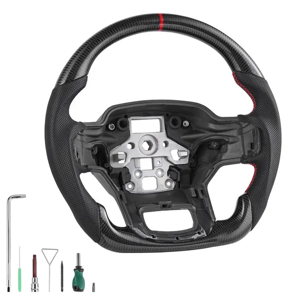 Carbon Fiber Steering Wheel for 2021-2024 Ford F150 – D-Shaped Flat-Bottom, Leather Grip, Black