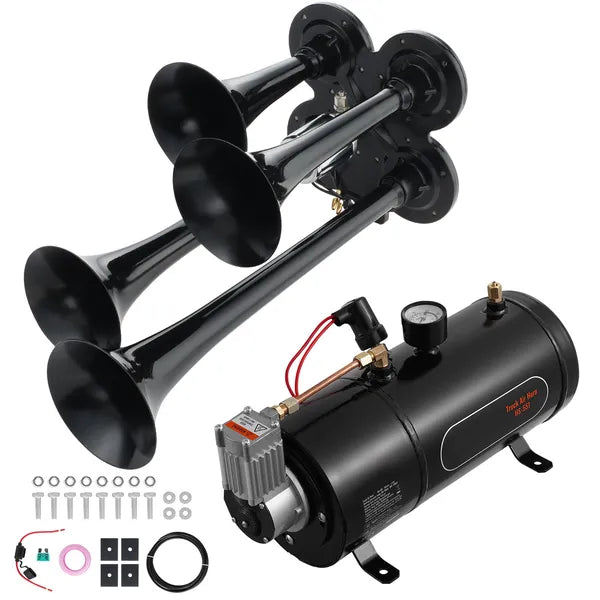 Train Horns Kit – 4 Trumpet Air Horn Kit, 150dB, 12V 120 PSI Air Compressor with 0.8 Gal/3 L Tank & Gauge – For Any 12V Vehicle, Truck, Pickup, Van & Boat